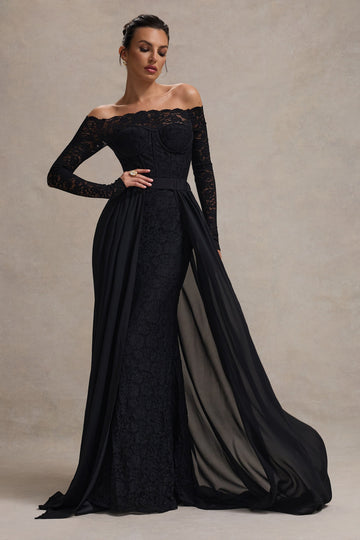 Astoria Black Lace Bardot Maxi Dress With Chiffon Skirt